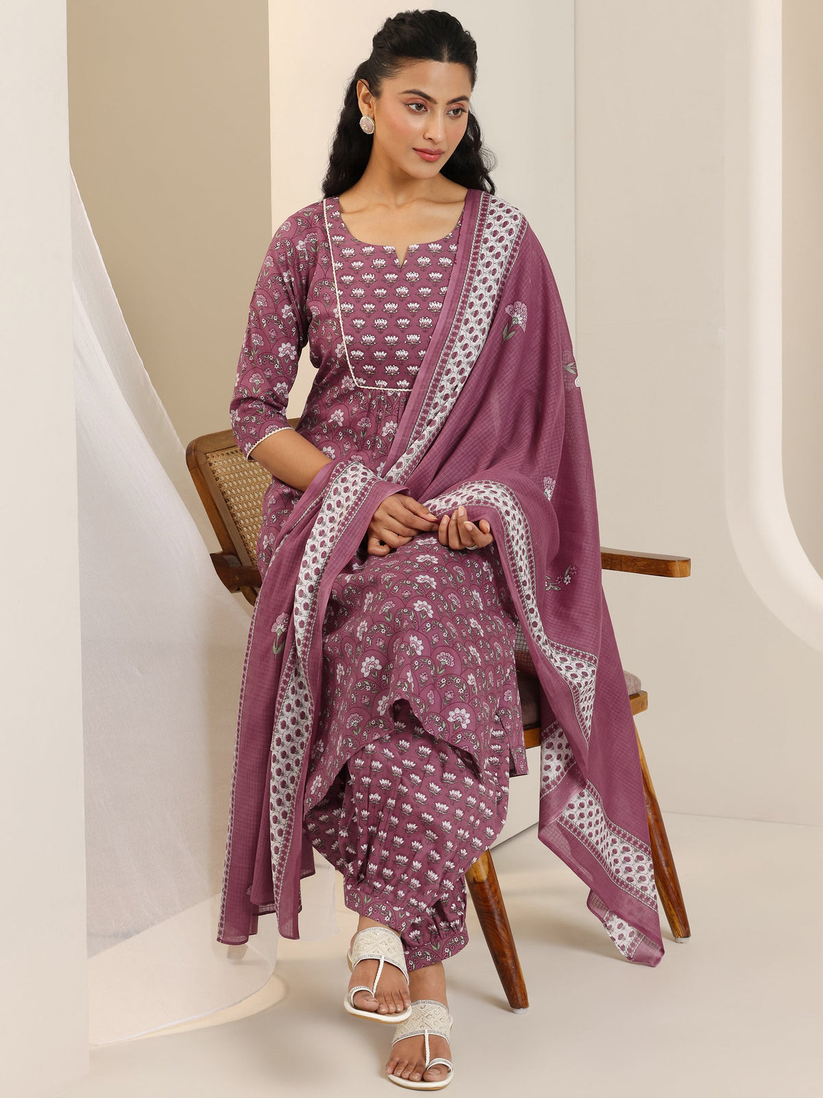 Libas Mauve Printed Cotton Straight Suit Set With Dupatta