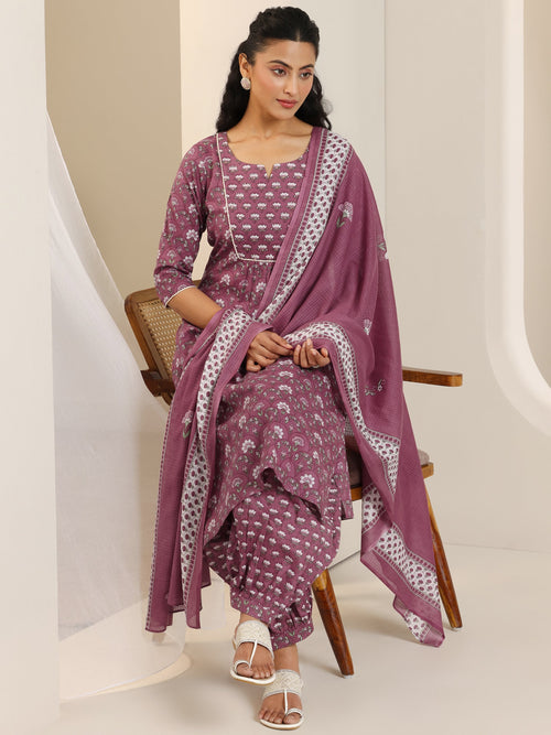 Libas Mauve Printed Cotton Straight Suit Set With Dupatta