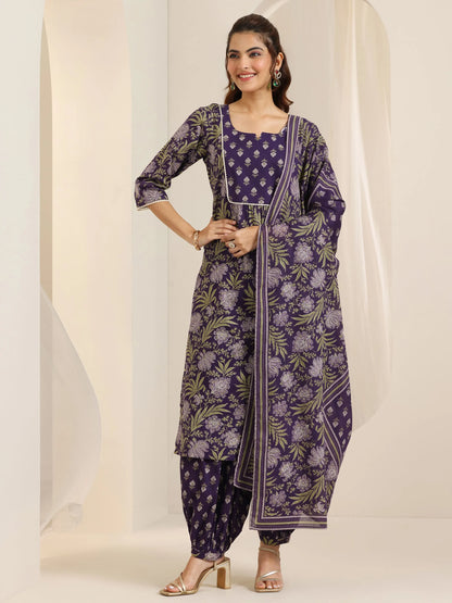 Libas Purple Printed Cotton Straight Suit Set With Dupatta