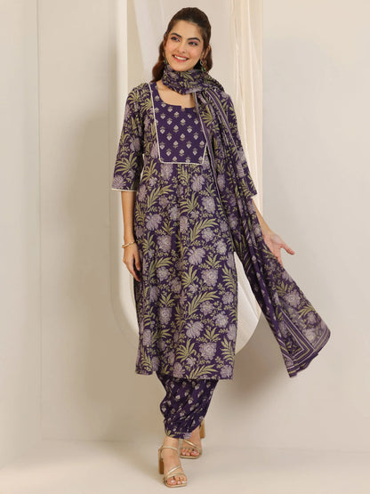 Libas Purple Printed Cotton Straight Suit Set With Dupatta