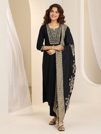 Libas Black Yoke Design Viscose Rayon Straight Suit Set With Dupatta