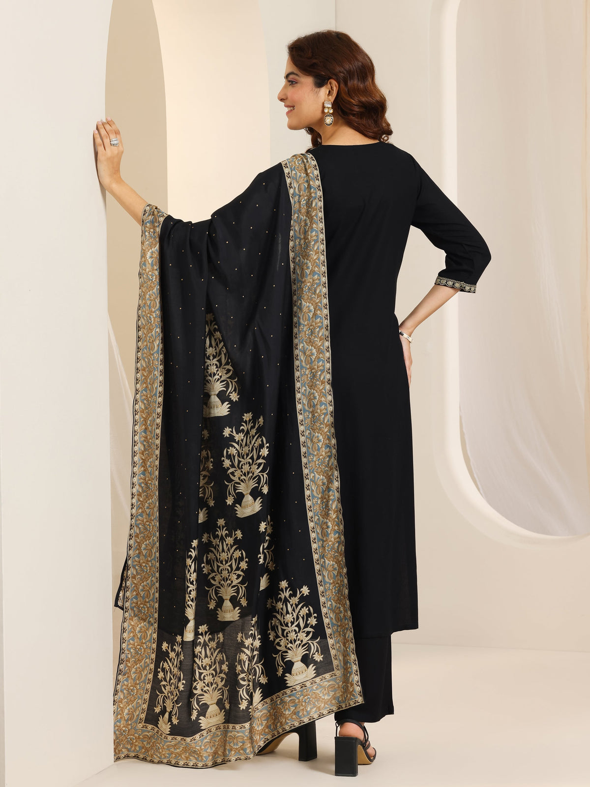 Libas Black Yoke Design Viscose Rayon Straight Suit Set With Dupatta