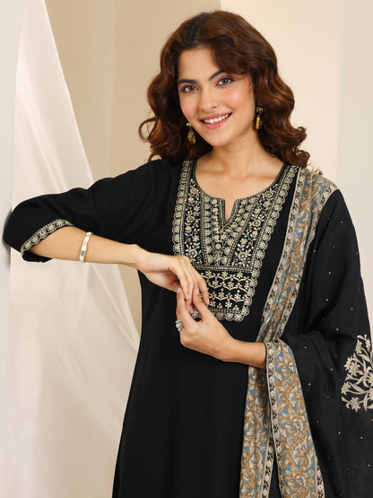 Libas Black Yoke Design Viscose Rayon Straight Suit Set With Dupatta