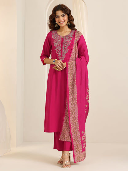 Libas Pink Yoke Design Viscose Rayon Straight Suit Set With Dupatta