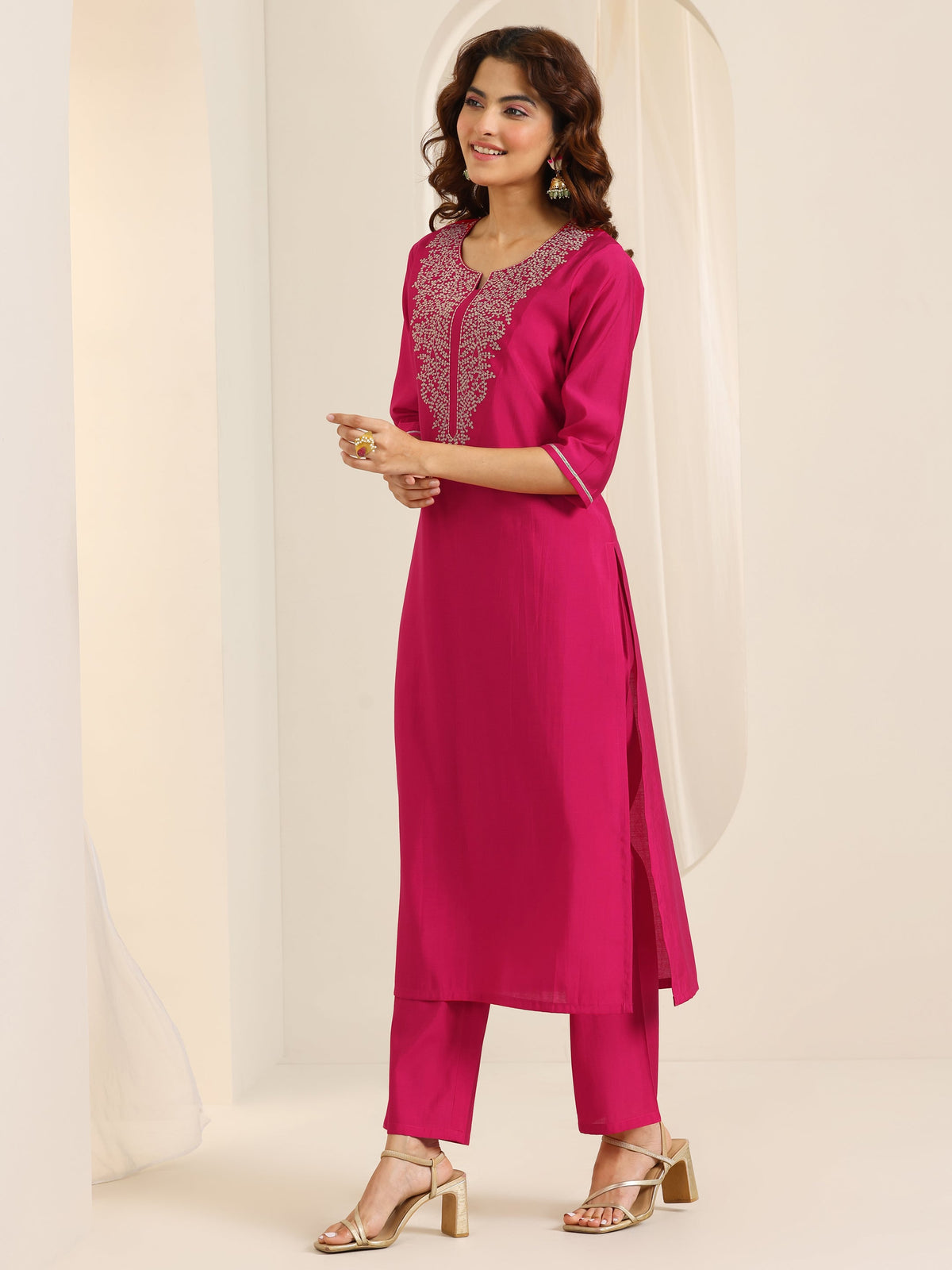 Libas Pink Yoke Design Viscose Rayon Straight Suit Set With Dupatta