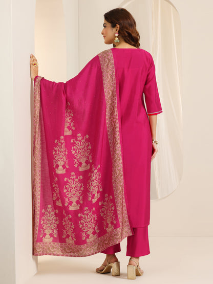Libas Pink Yoke Design Viscose Rayon Straight Suit Set With Dupatta