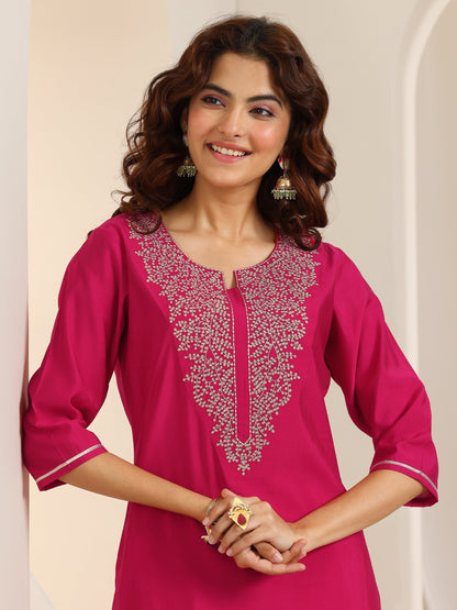 Libas Pink Yoke Design Viscose Rayon Straight Suit Set With Dupatta
