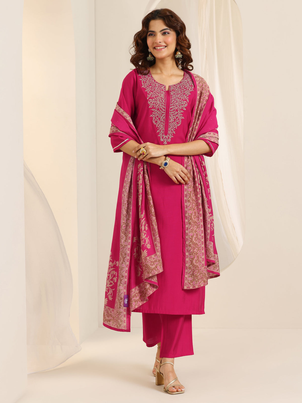 Libas Pink Yoke Design Viscose Rayon Straight Suit Set With Dupatta