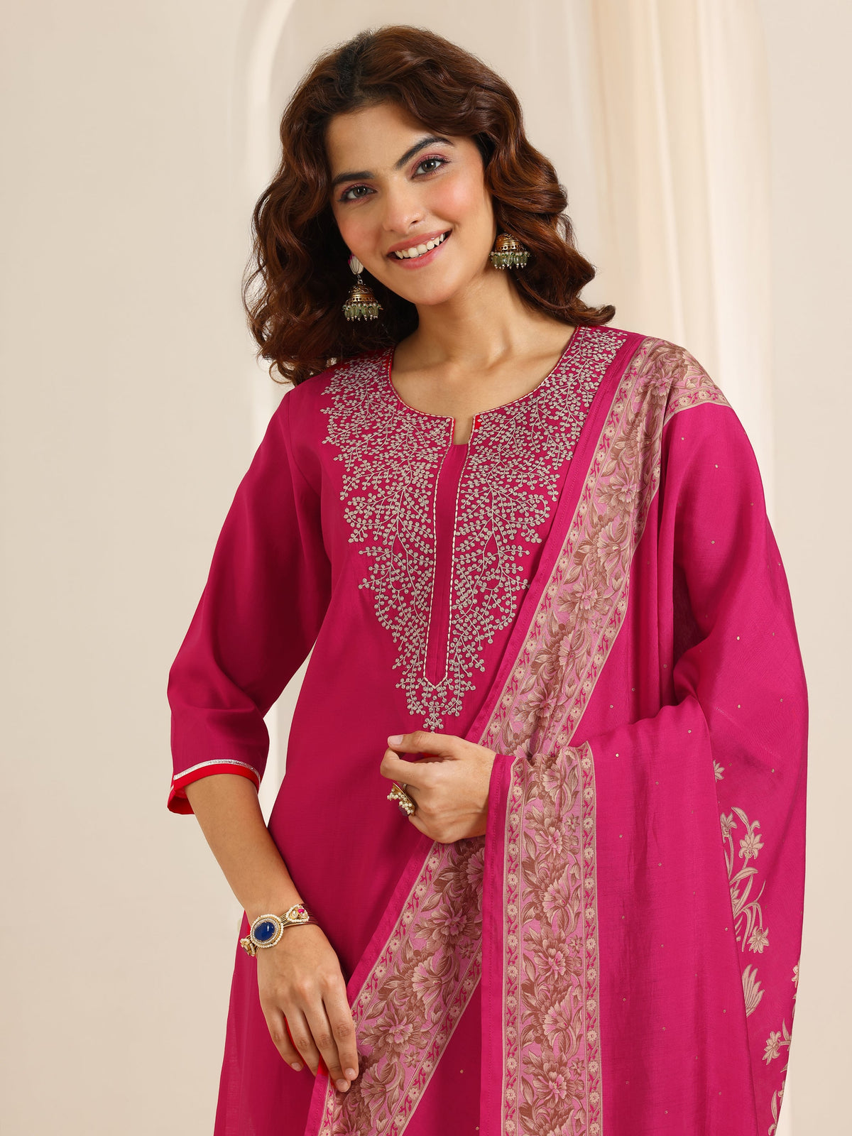 Libas Pink Yoke Design Viscose Rayon Straight Suit Set With Dupatta