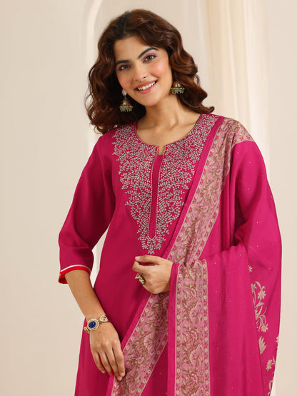 Libas Pink Yoke Design Viscose Rayon Straight Suit Set With Dupatta