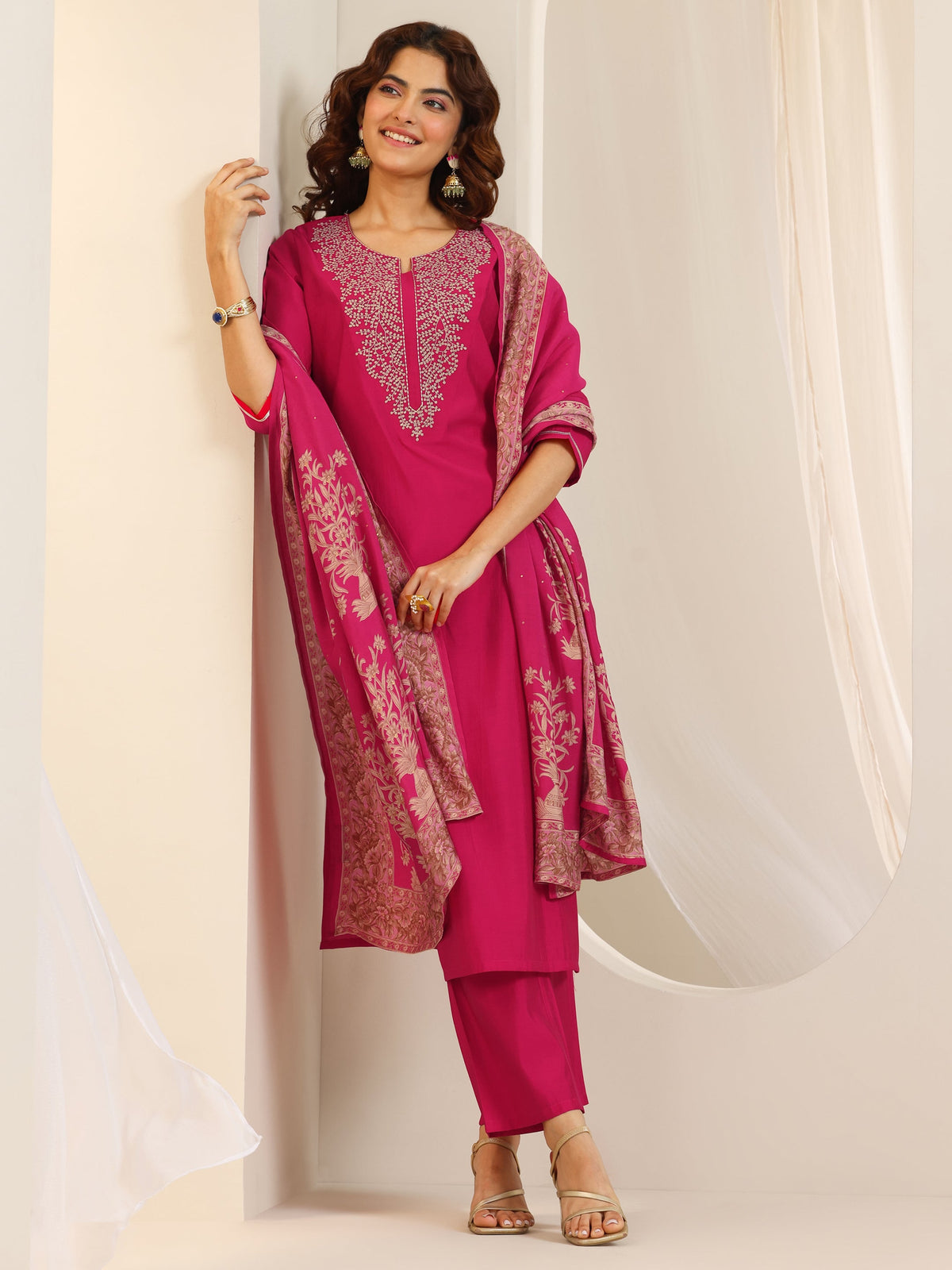 Libas Pink Yoke Design Viscose Rayon Straight Suit Set With Dupatta