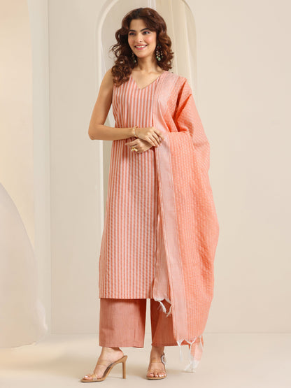 Libas Peach Woven Design Cotton Blend Straight Suit Set With Dupatta