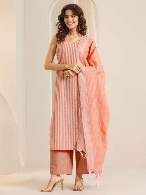 Libas Peach Woven Design Cotton Blend Straight Suit Set With Dupatta