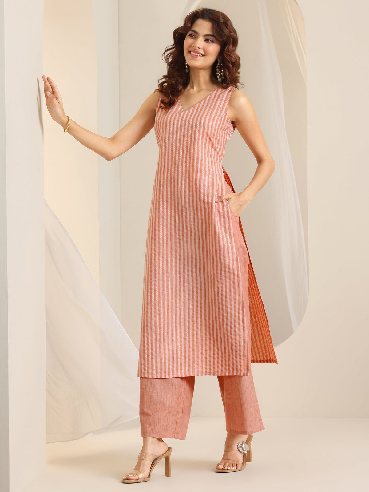 Libas Peach Woven Design Cotton Blend Straight Suit Set With Dupatta