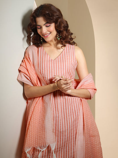 Libas Peach Woven Design Cotton Blend Straight Suit Set With Dupatta