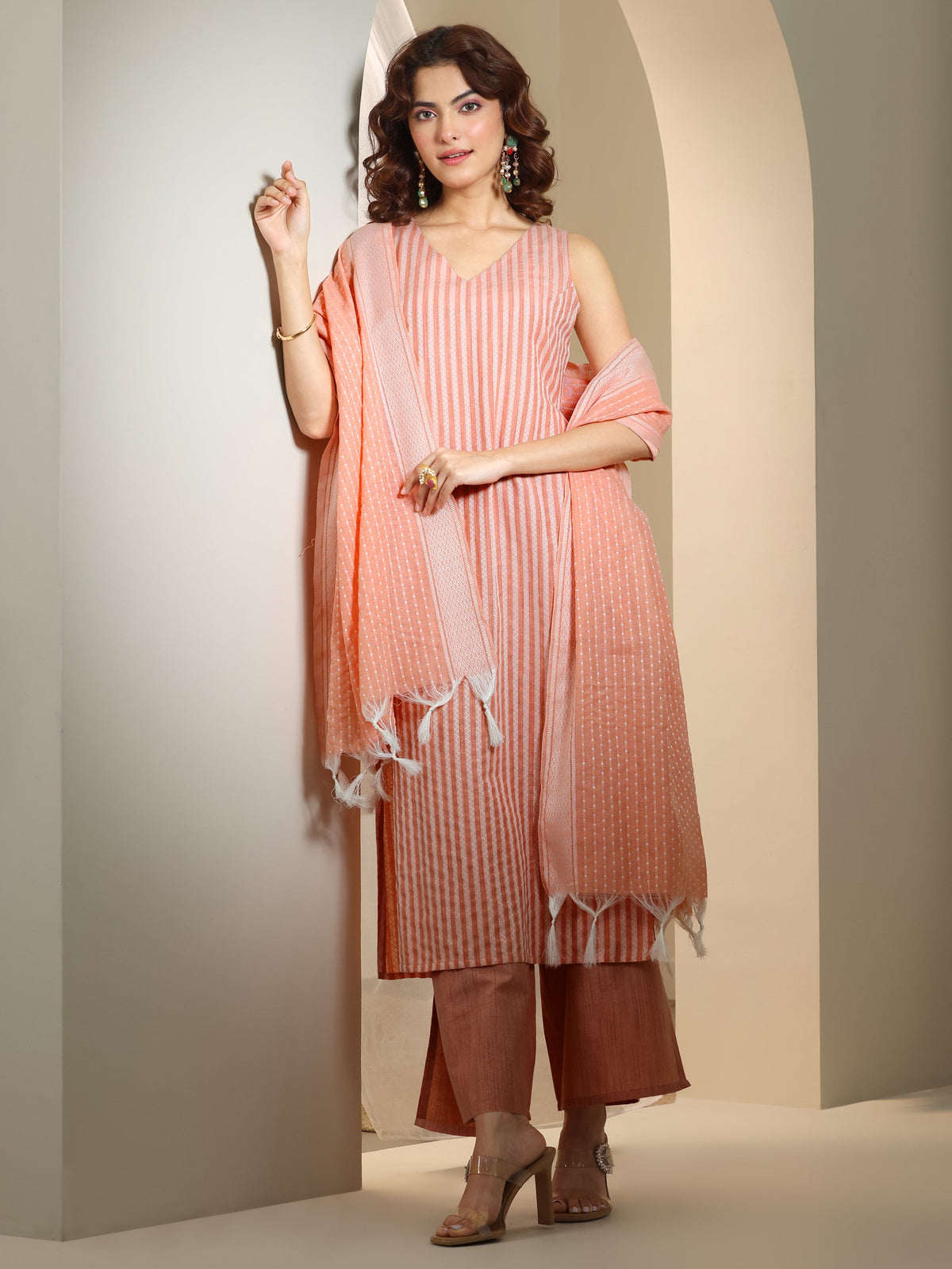 Libas Peach Woven Design Cotton Blend Straight Suit Set With Dupatta