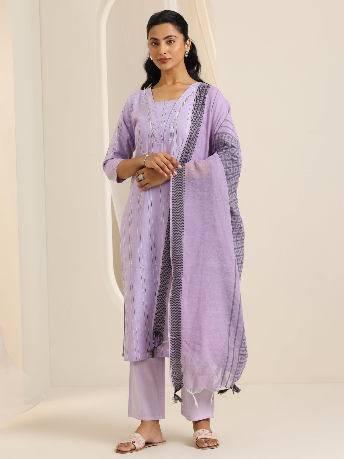 Libas Lavender Woven Design Cotton Blend Straight Suit Set With Dupatta