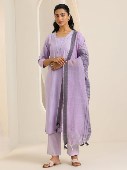 Libas Lavender Woven Design Cotton Blend Straight Suit Set With Dupatta