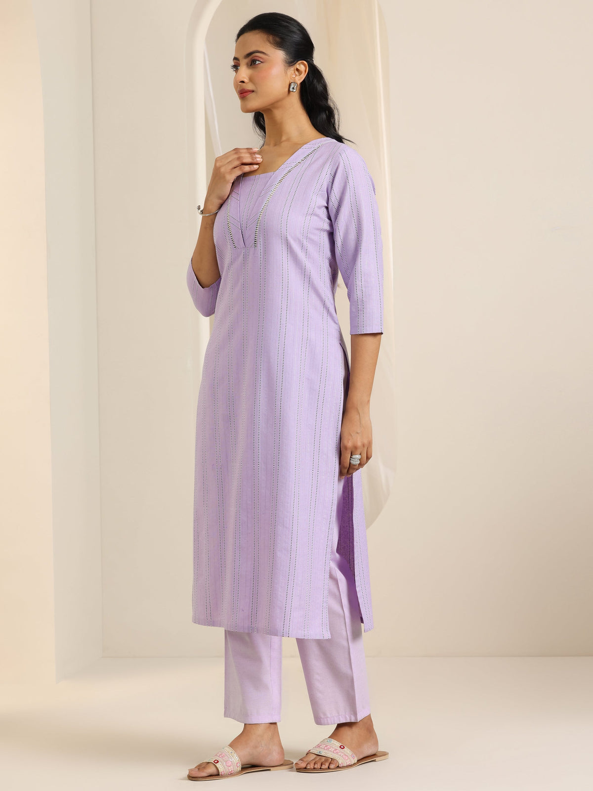 Libas Lavender Woven Design Cotton Blend Straight Suit Set With Dupatta