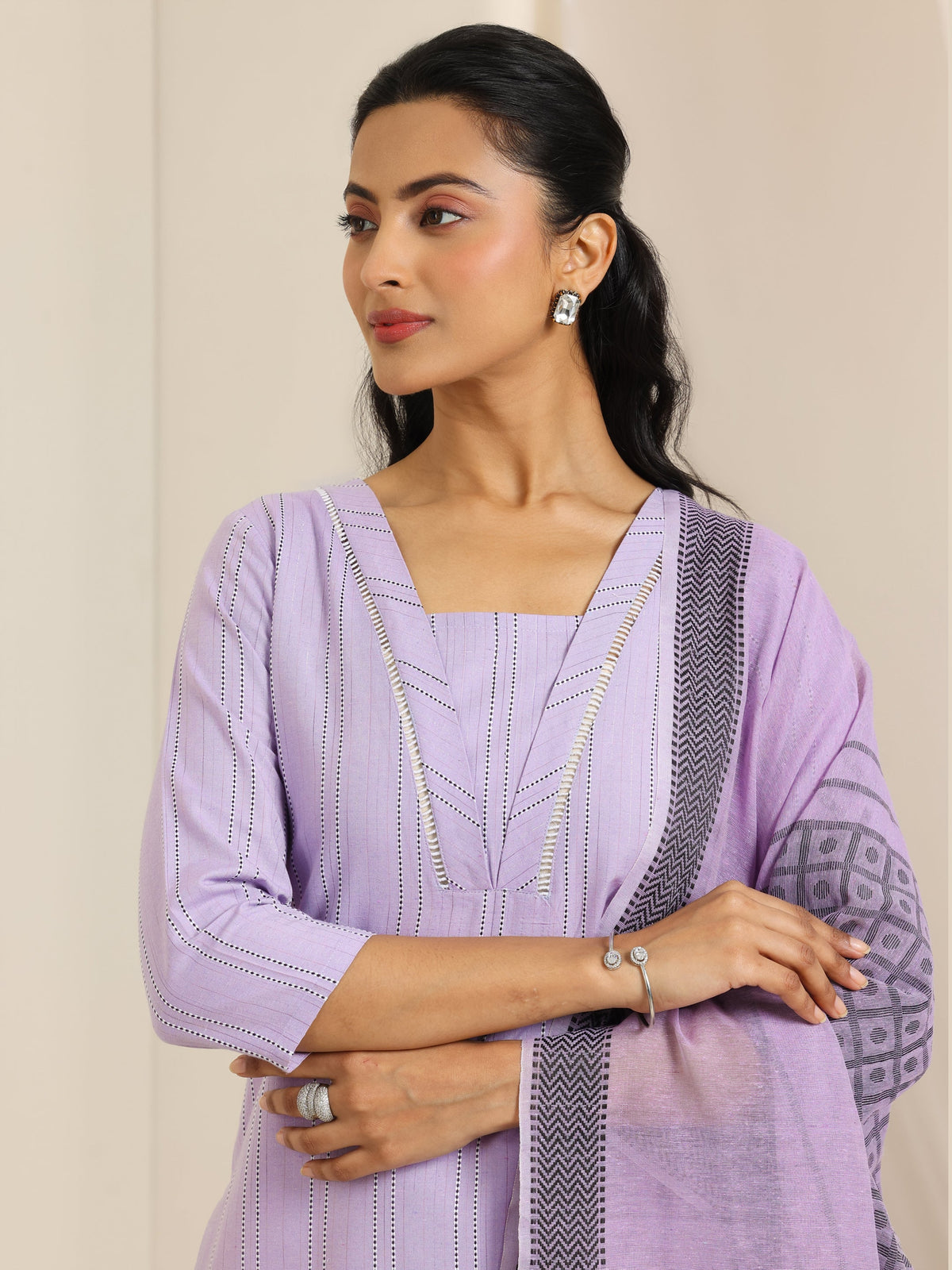 Libas Lavender Woven Design Cotton Blend Straight Suit Set With Dupatta
