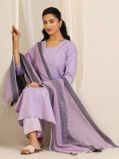 Libas Lavender Woven Design Cotton Blend Straight Suit Set With Dupatta