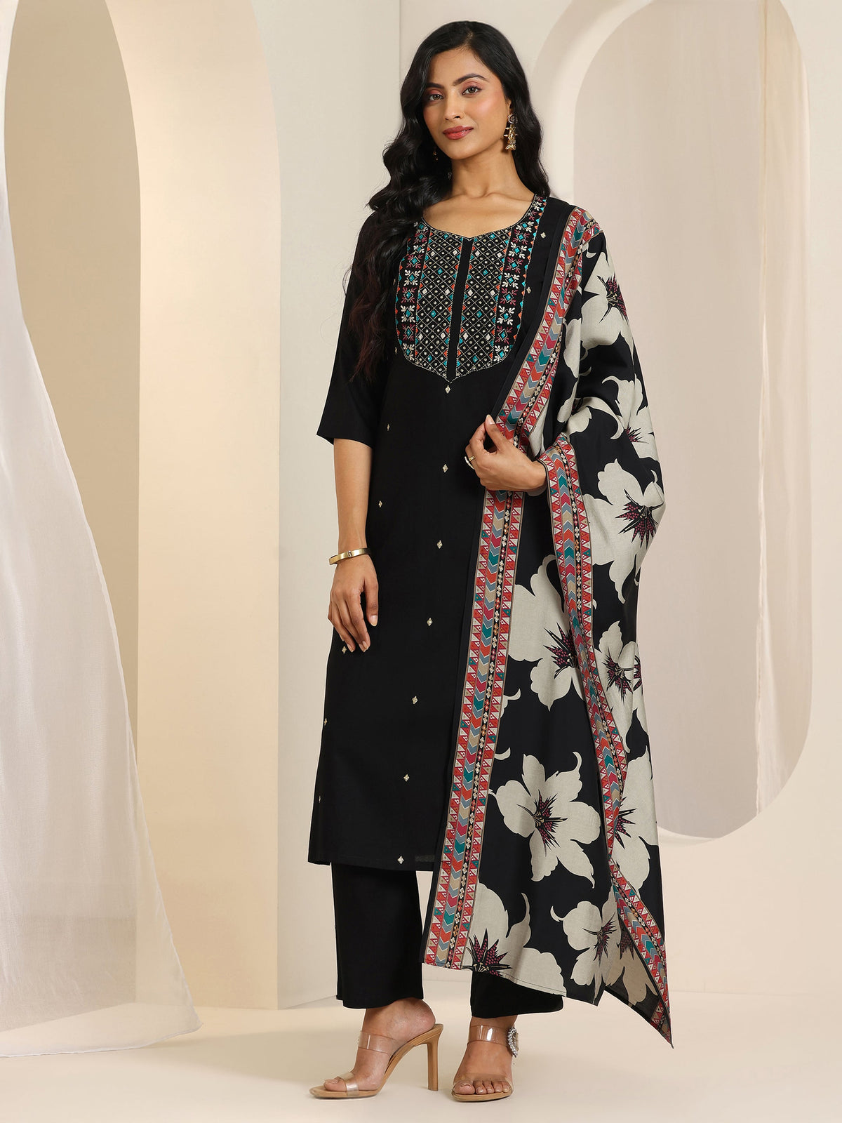 Libas Black Embroidered Viscose Rayon Straight Suit Set With Dupatta