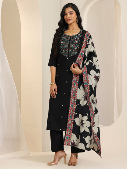 Libas Black Embroidered Viscose Rayon Straight Suit Set With Dupatta
