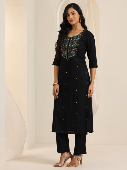 Libas Black Embroidered Viscose Rayon Straight Suit Set With Dupatta