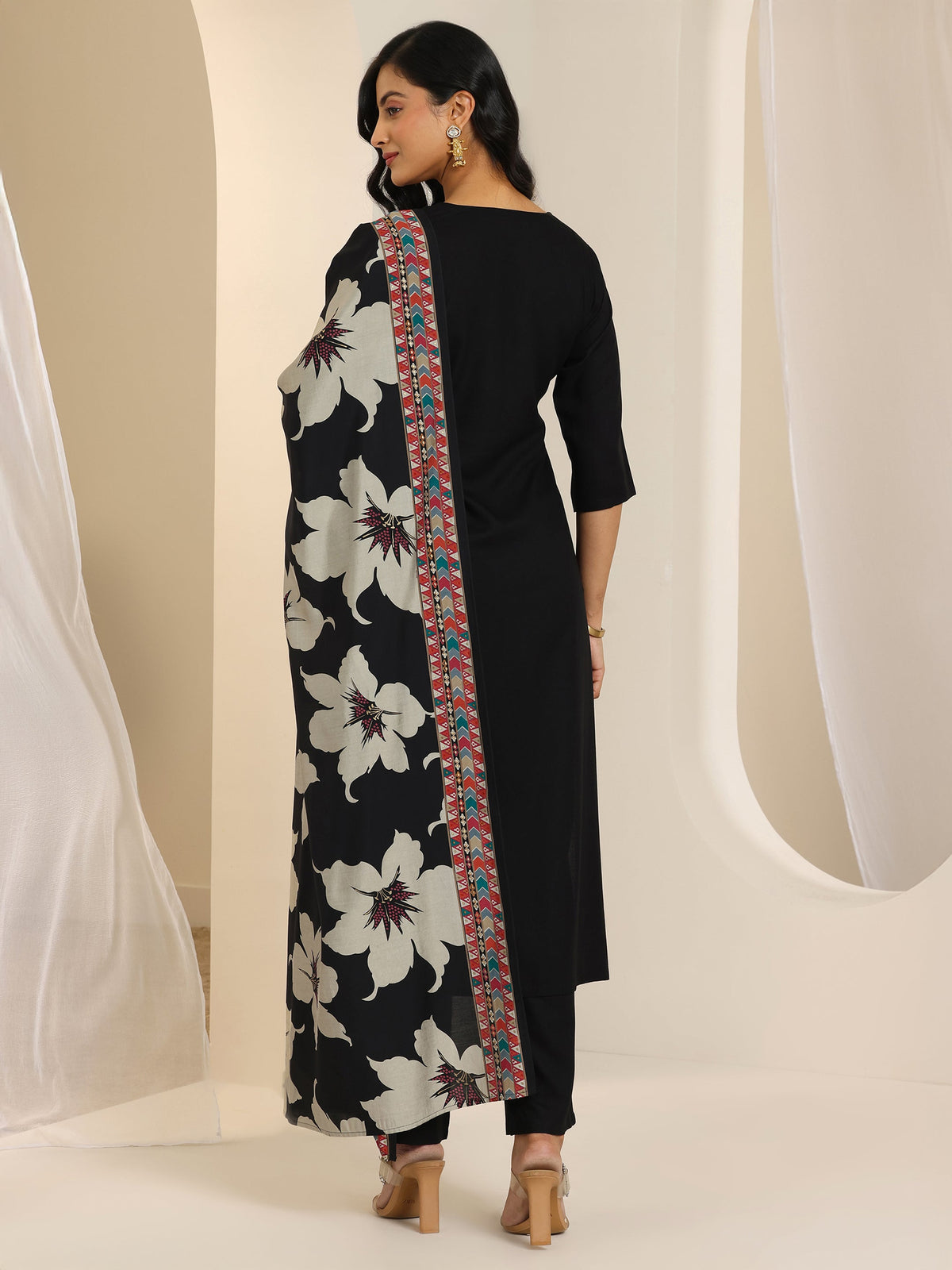 Libas Black Embroidered Viscose Rayon Straight Suit Set With Dupatta