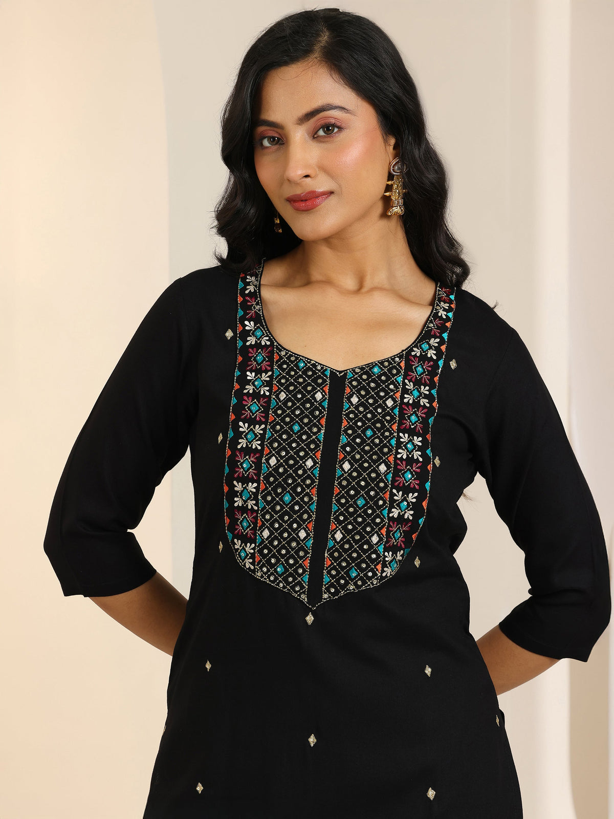 Libas Black Embroidered Viscose Rayon Straight Suit Set With Dupatta