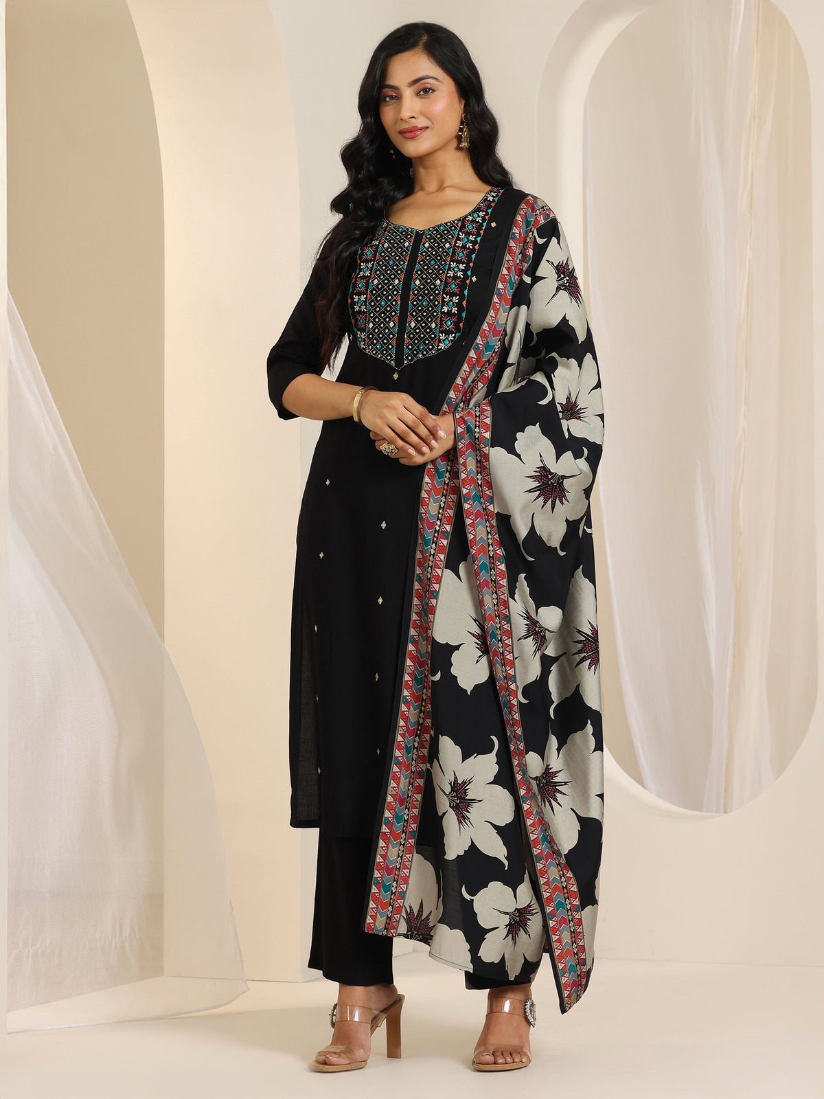 Libas Black Embroidered Viscose Rayon Straight Suit Set With Dupatta