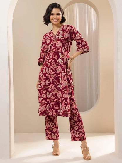 Libas Maroon Printed Cotton Blend Straight Kurta Set