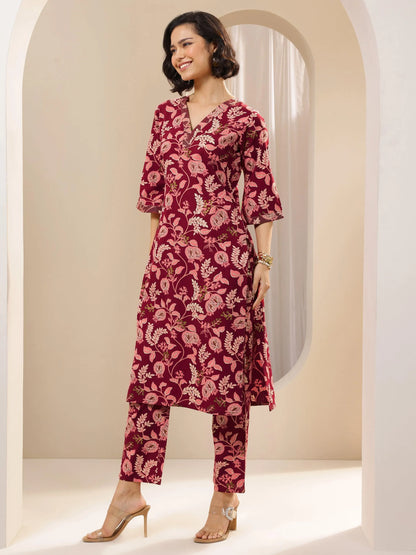Libas Maroon Printed Cotton Blend Straight Kurta Set