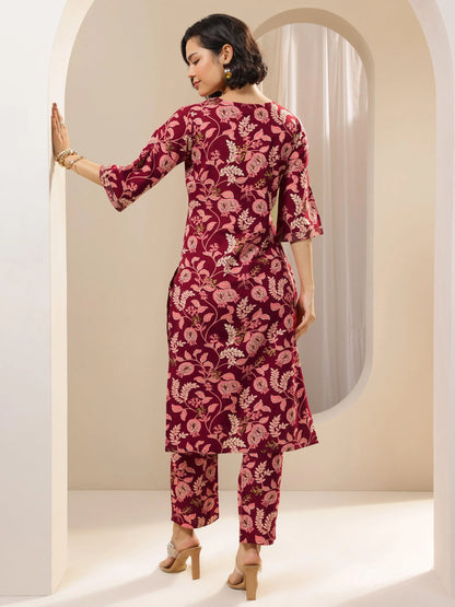 Libas Maroon Printed Cotton Blend Straight Kurta Set
