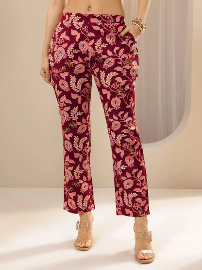 Libas Maroon Printed Cotton Blend Straight Kurta Set