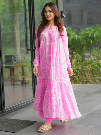 Libas Pink Floral Printed Cotton Flared Suit Set With Dupatta