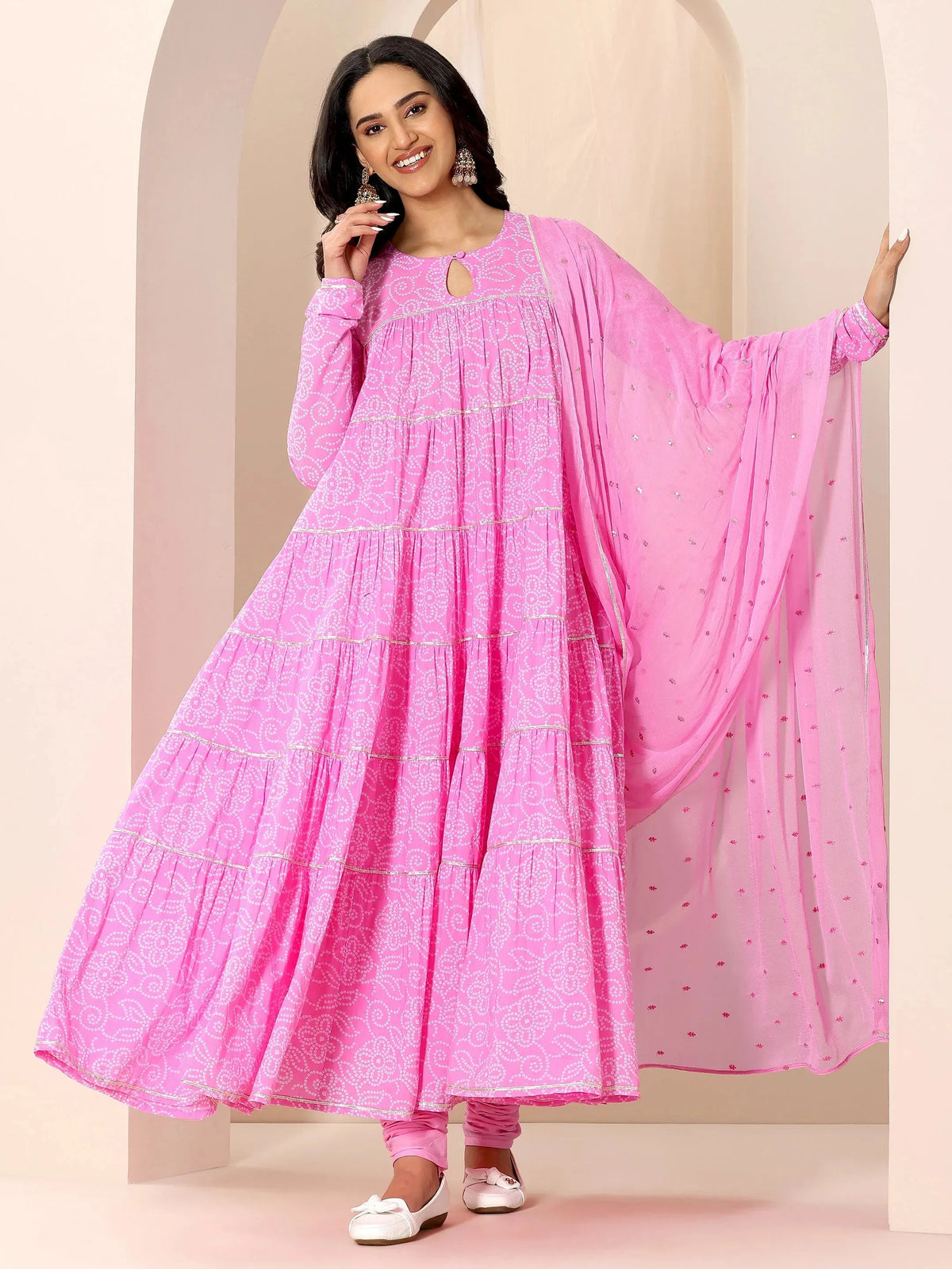 Libas Pink Floral Printed Cotton Flared Suit Set With Dupatta