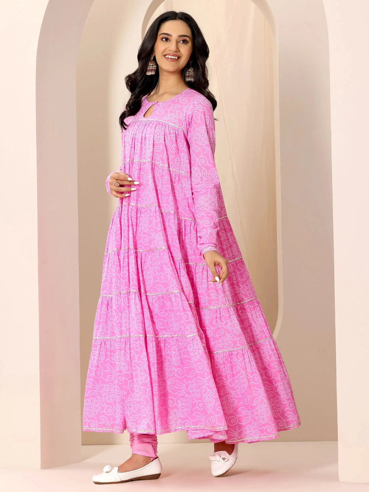 Libas Pink Floral Printed Cotton Flared Suit Set With Dupatta