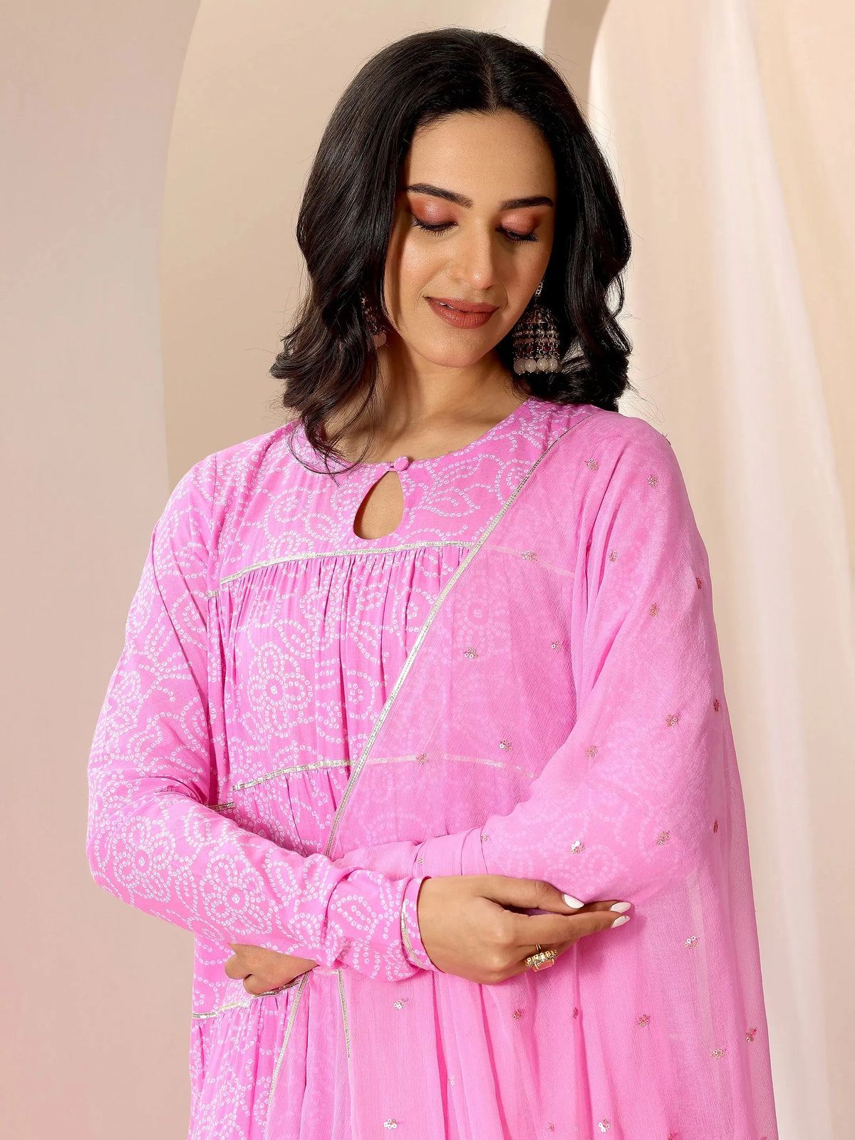 Libas Pink Floral Printed Cotton Flared Suit Set With Dupatta