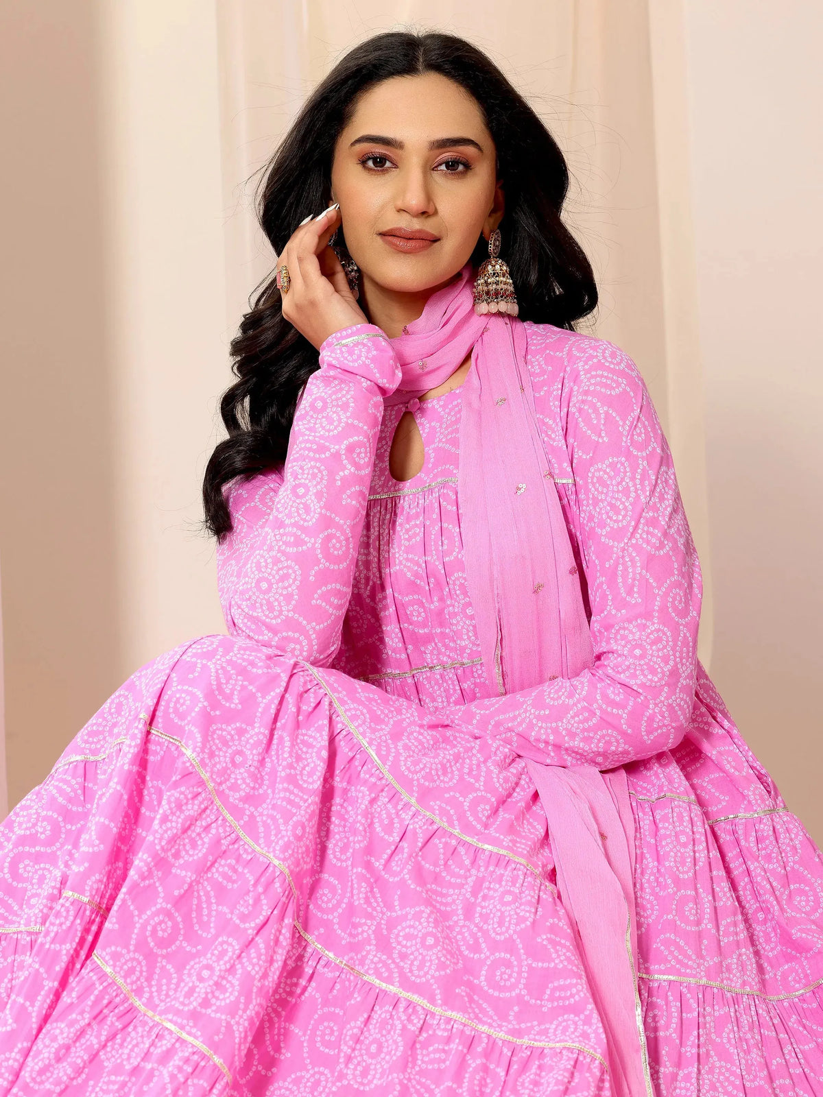 Libas Pink Floral Printed Cotton Flared Suit Set With Dupatta