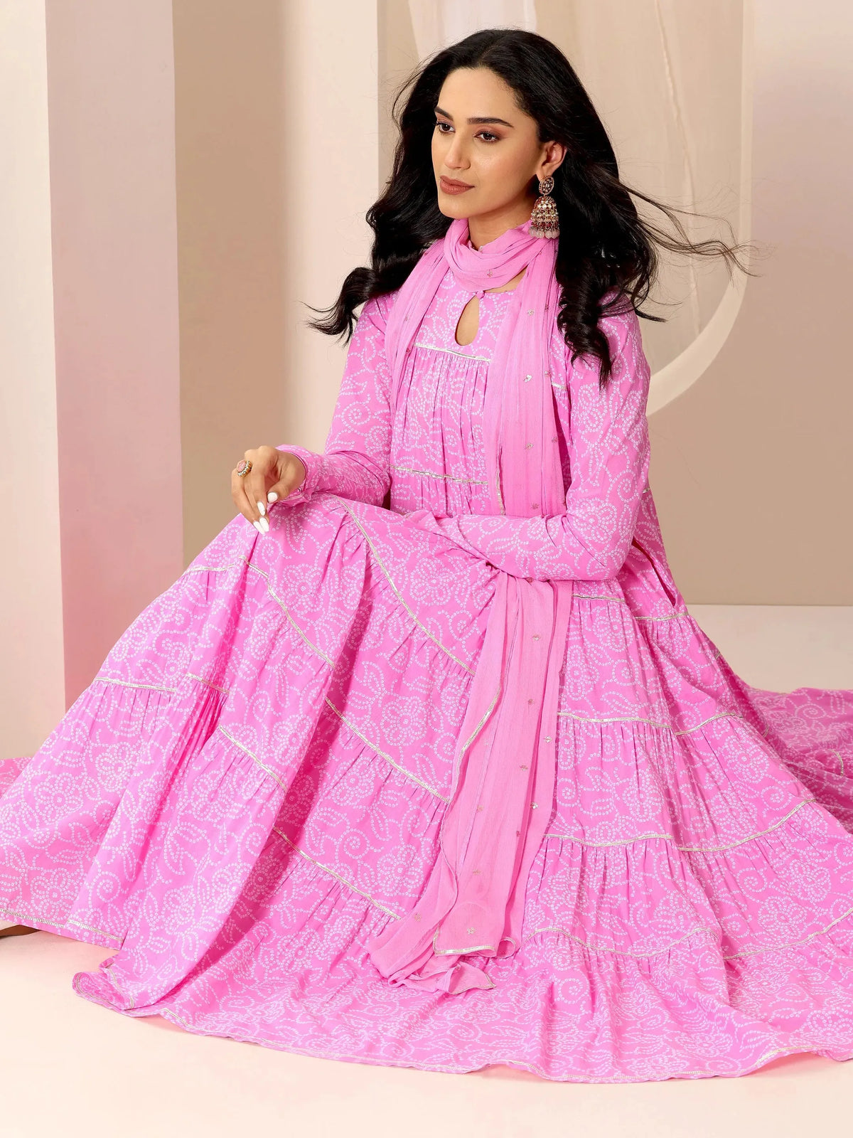 Libas Pink Floral Printed Cotton Flared Suit Set With Dupatta