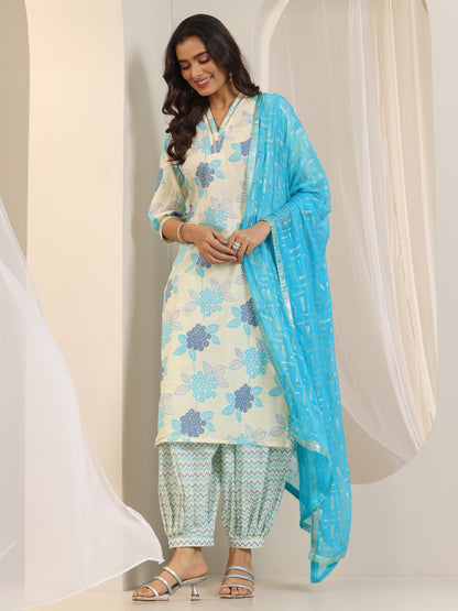 Libas Off White Floral Printed Cotton Straight Suit Set With Dupatta