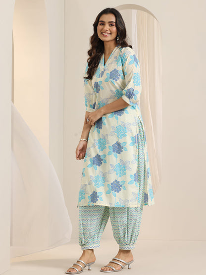 Libas Off White Floral Printed Cotton Straight Suit Set With Dupatta