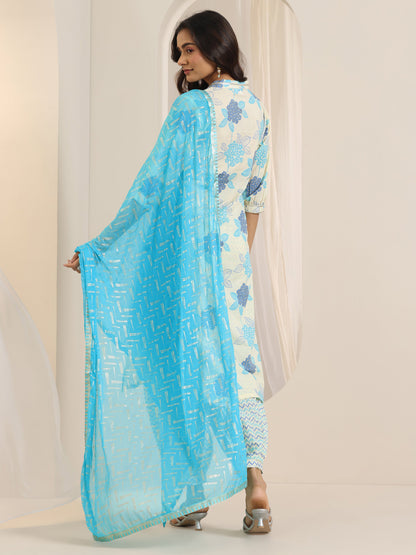 Libas Off White Floral Printed Cotton Straight Suit Set With Dupatta