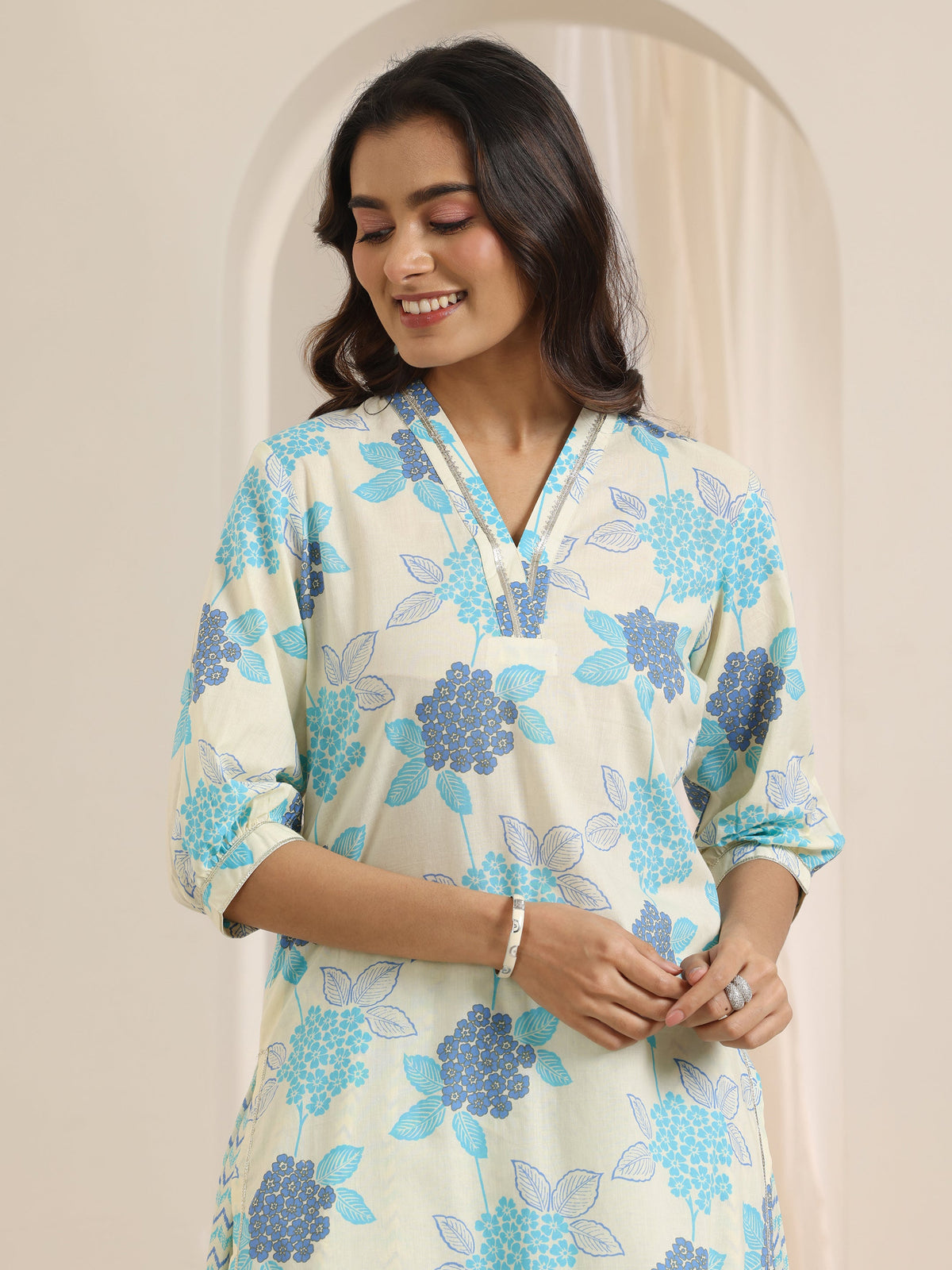 Libas Off White Floral Printed Cotton Straight Suit Set With Dupatta