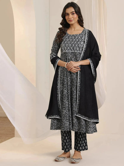 Libas Black Floral Printed Cotton Anarkali Suit Set With Dupatta