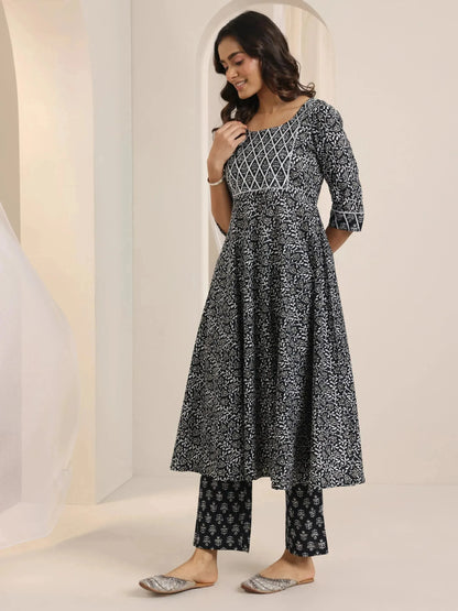 Libas Black Floral Printed Cotton Anarkali Suit Set With Dupatta