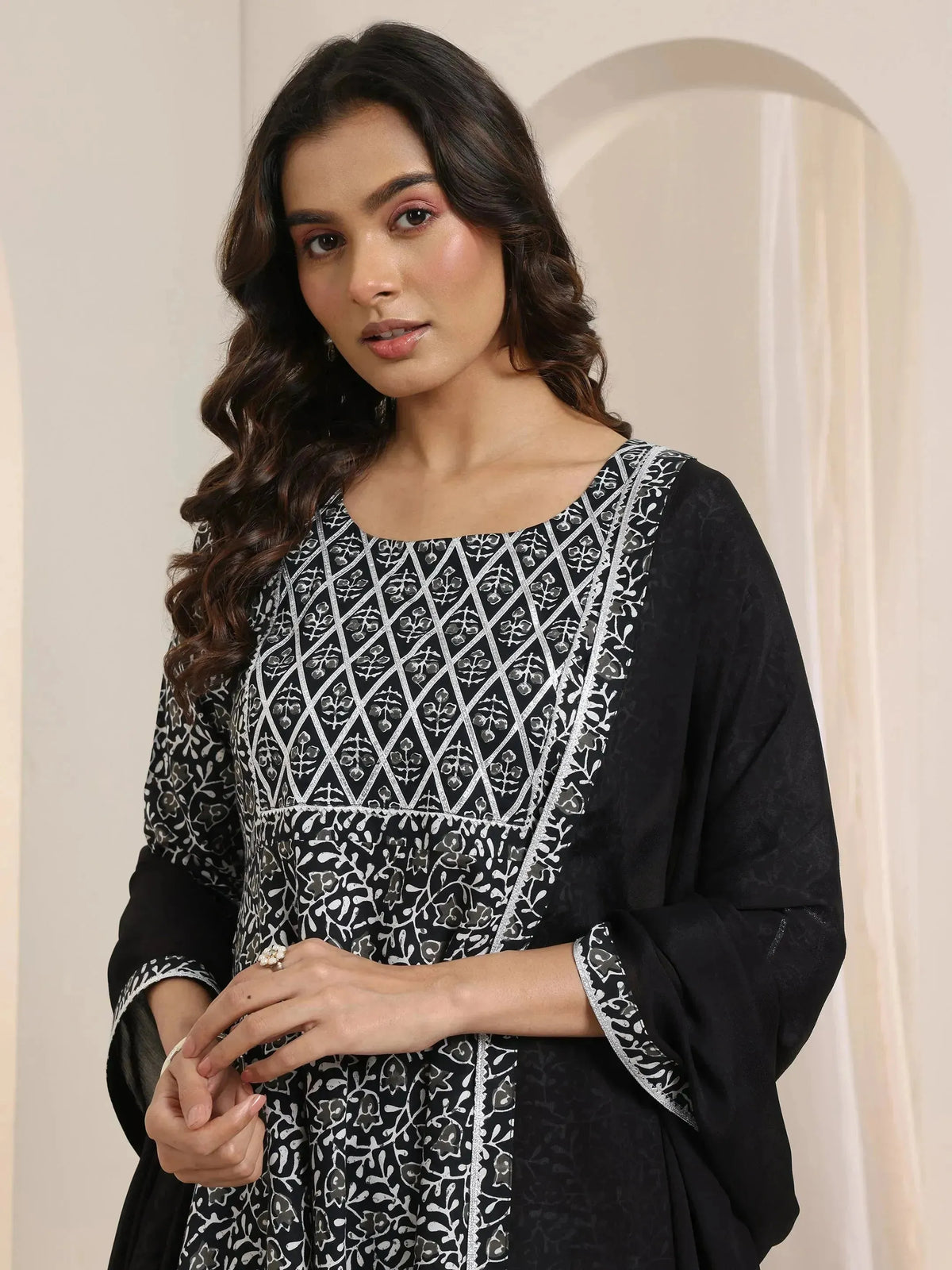 Libas Black Floral Printed Cotton Anarkali Suit Set With Dupatta