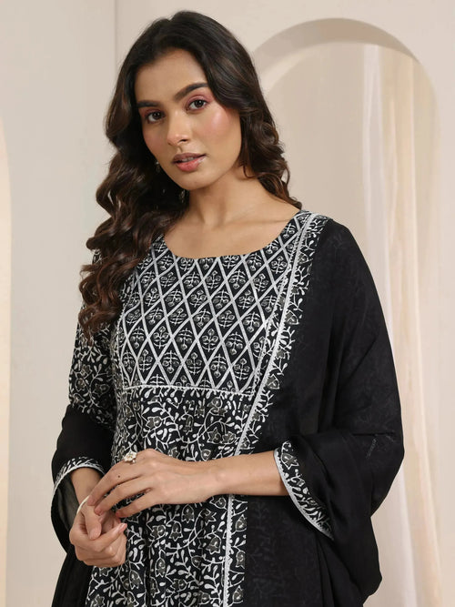 Libas Black Floral Printed Cotton Anarkali Suit Set With Dupatta