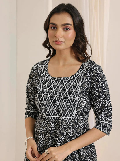 Libas Black Floral Printed Cotton Anarkali Suit Set With Dupatta